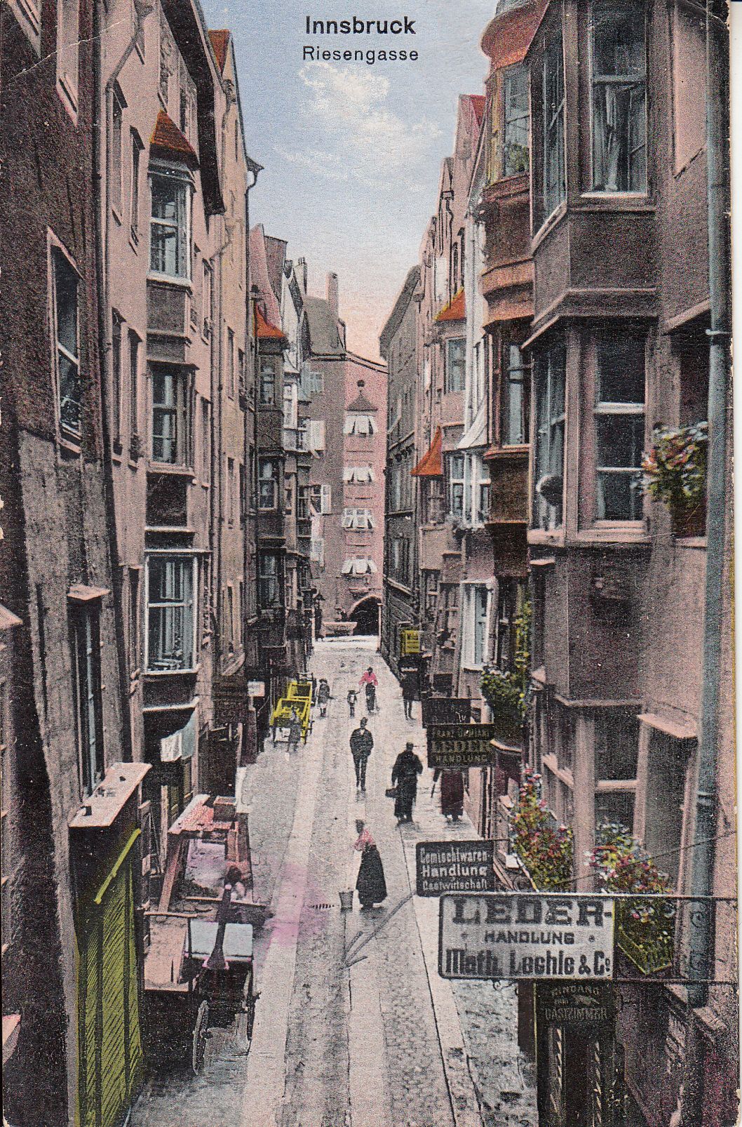 Die Lederhandlung Matthias Lechle & Comp. befand sich bis in den Anfängen der 19020er Jahre in der Stiftgasse 6, dann übersiedelte das Geschäft an den Burggraben 29. Foto, undatiert.