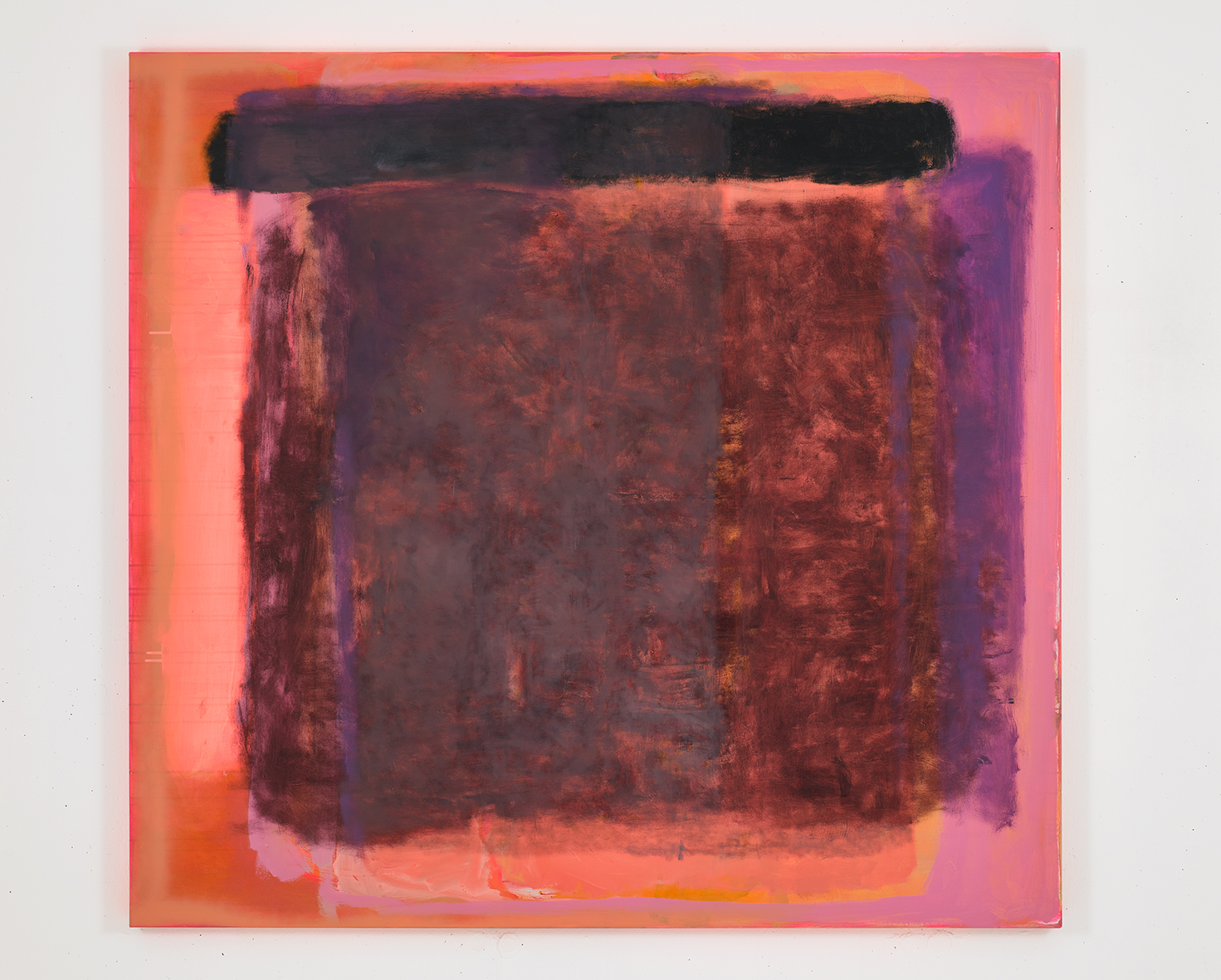 „Spatial Encounters“ von 6. Februar bis 7. März in der Galerie Plattform 6020: Julia Brennacher erprobt die Möglichkeiten und Wirkungen abstrakter Farbräume, die auf einem aus geometrischen Formen beruhenden Vokabular aus Linearität und Flächigkeit basieren. („Ohne Titel“, 2019 / Öl, Acryl und Sprayfarbe auf Leinwand, 150x160cm)