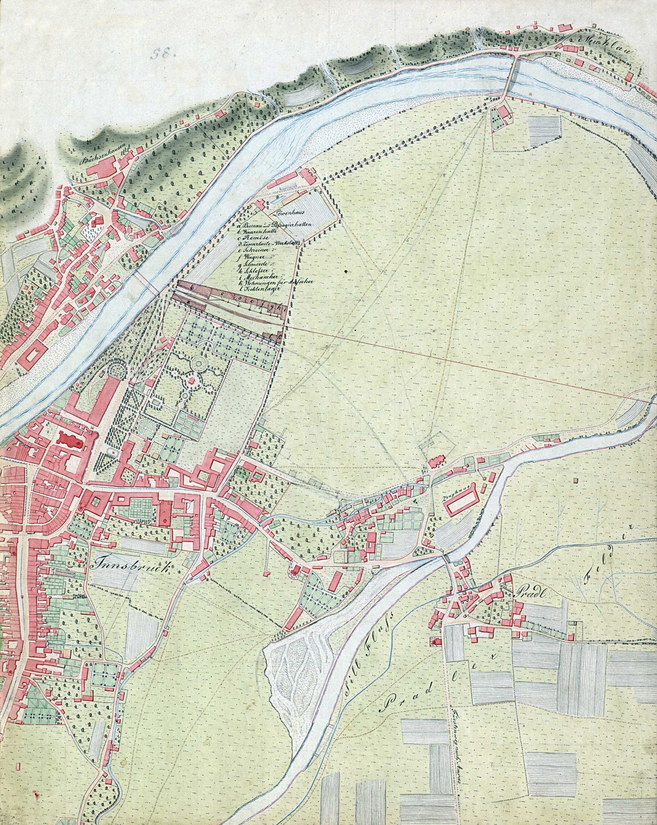 Blatt 58 der Innstromkarte aus den 1820er-Jahren mit dem nachträglich eingezeichneten Kopfbahnhof beim Hofgarten und der geplanten Streckenführung Richtung Hall.