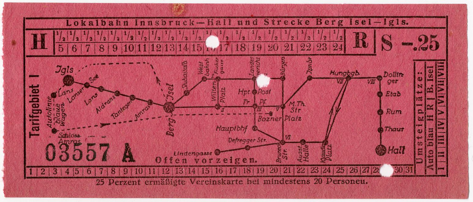 Fahrkarte für die Lokalbahn Innsbruck - Hall und Strecke Berg Isel – Igls.