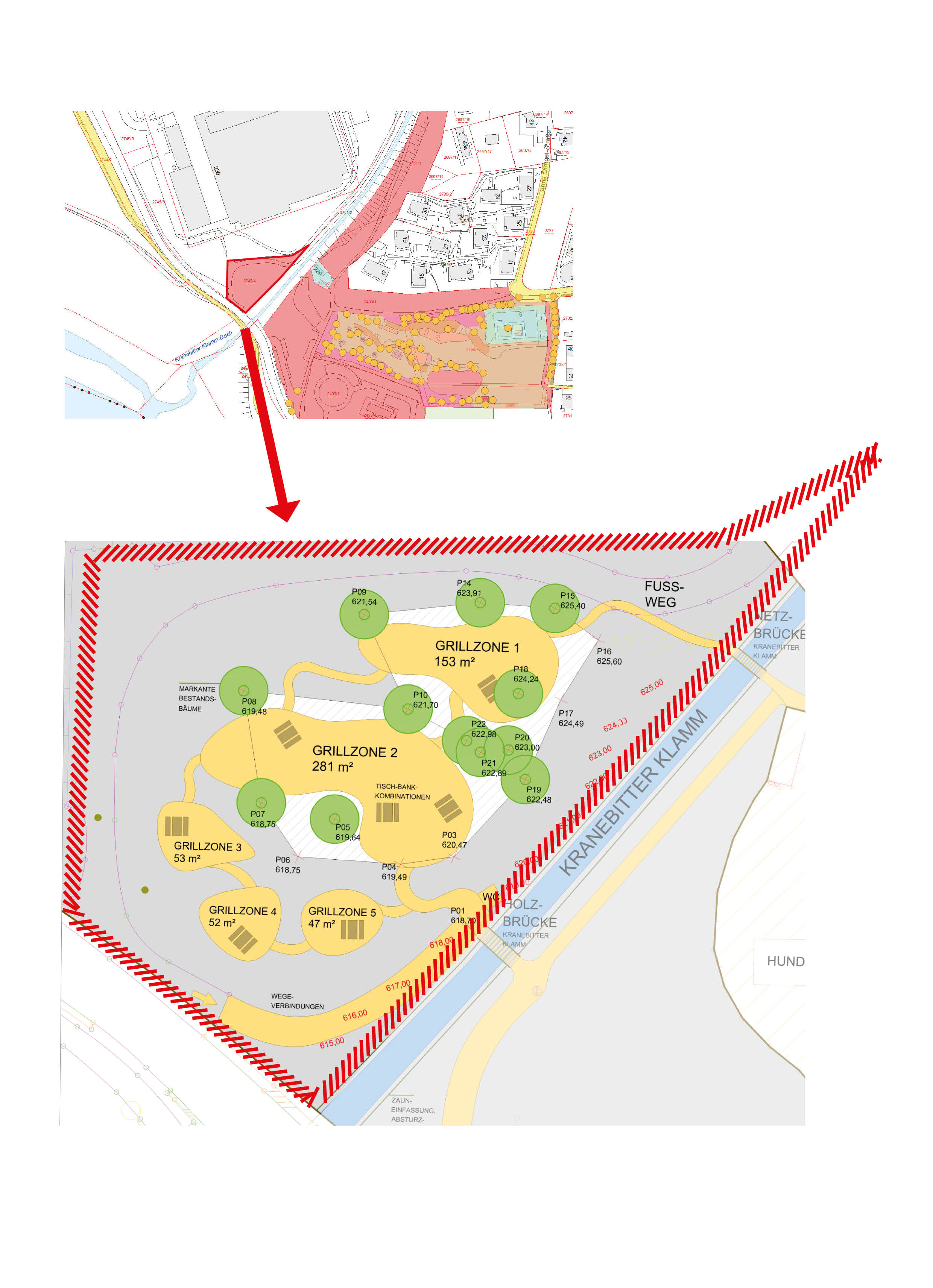 Die planlichen Darstellungen zeigen neben Verortung auch die Detailplanungen für die vorgesehenen Grillzonen. Der neue Grillplatz ist außer Sichtweite für die AnrainerInnen der Wohnanlage, dazwischen ist genügend Vegetation.