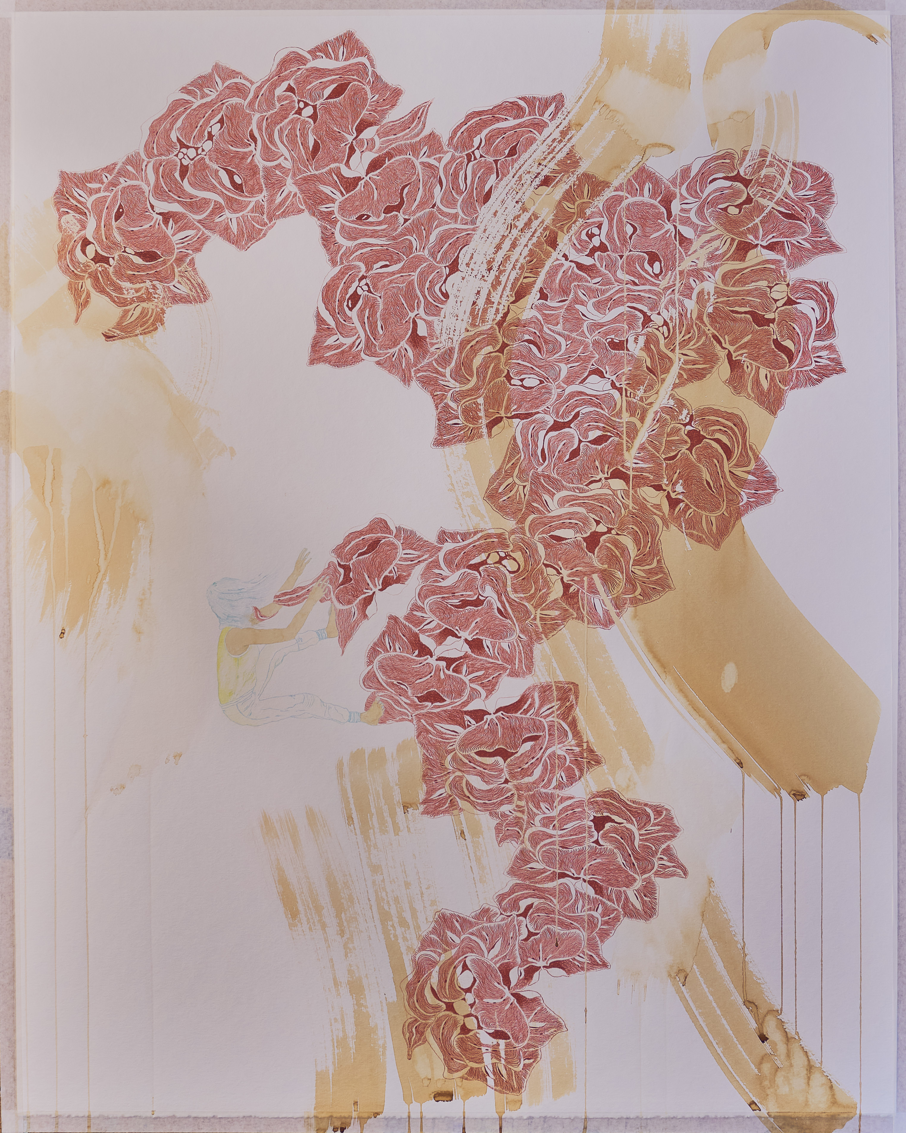 Ein Einblick in die poetische Bildsprache der Künstlerin Charlotte Simon: Aus der Serie HIN XI (2021, Ölstift, Aquarell auf Papier, 100x125 cm).