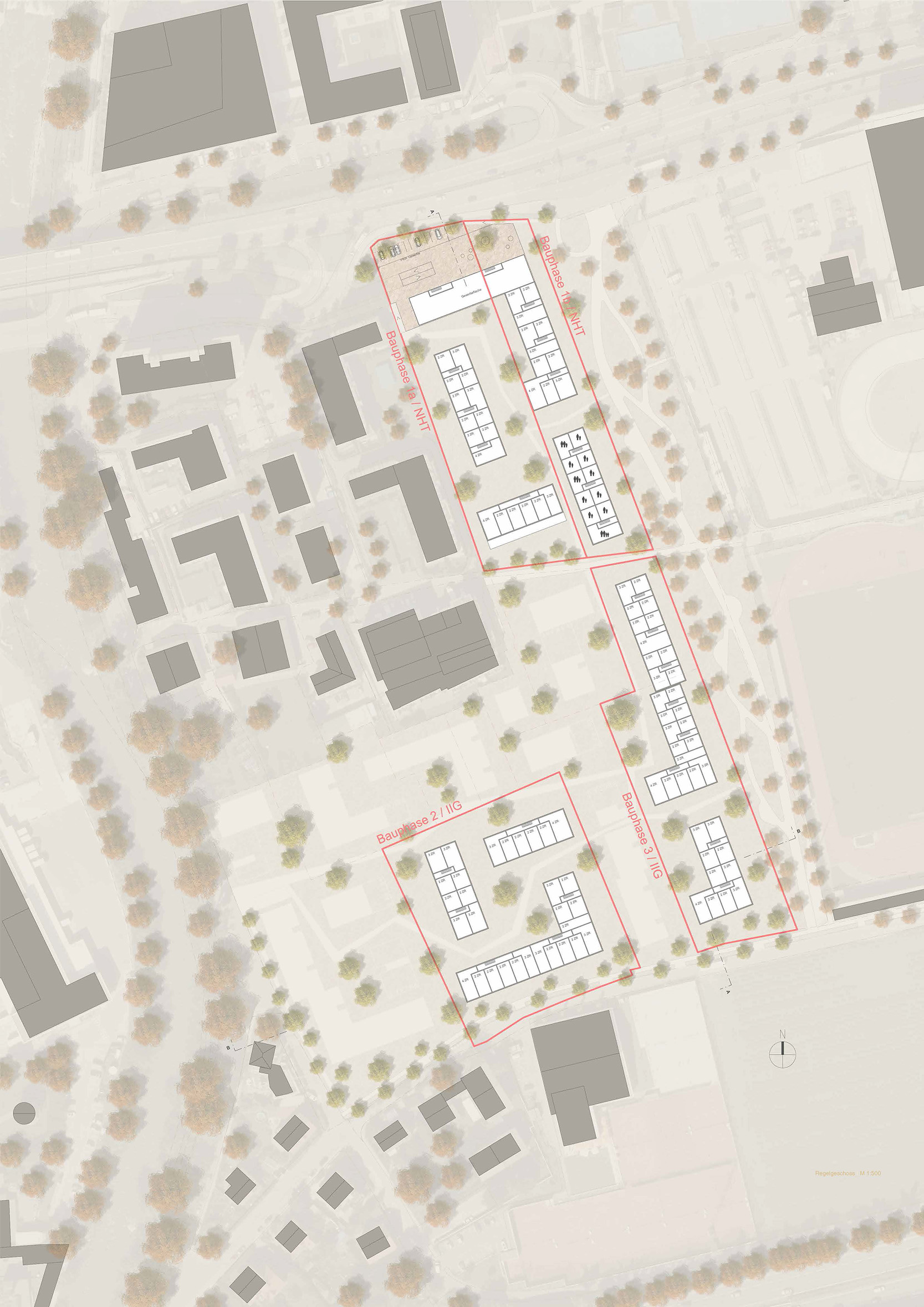 Im Norden der drei rot umrandeten Baufelder verläuft der Südring, im Osten befinden sich die parkähnliche Anlage und die Olympiaworld.