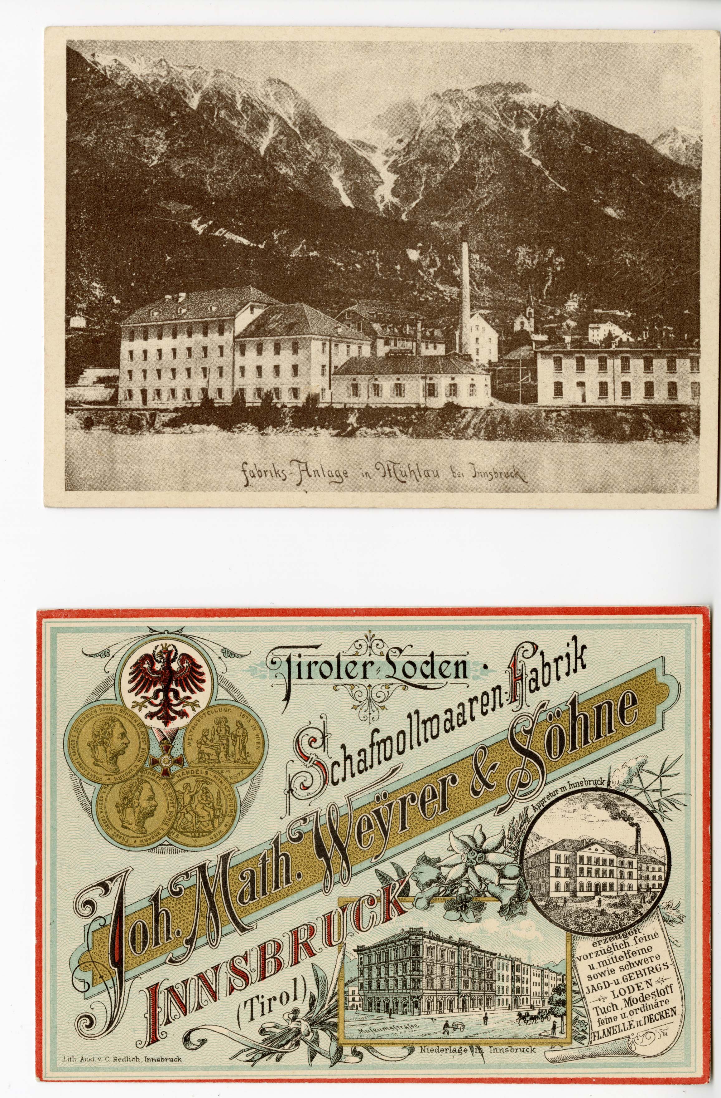 Ansicht der Fabriksanlage in Mühlau, um 1880 und Werbekarte der Schafwollfabrik Johann Mathias Weyrer.