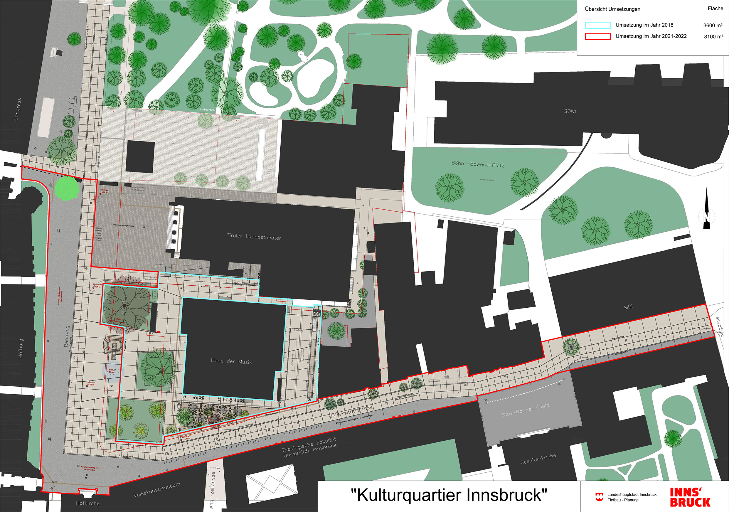 Die grauen Flächen auf der Altstadt-Seite zeigen den Belag mit Pflastersteinen, die beigen Flächen großformatige Platten.