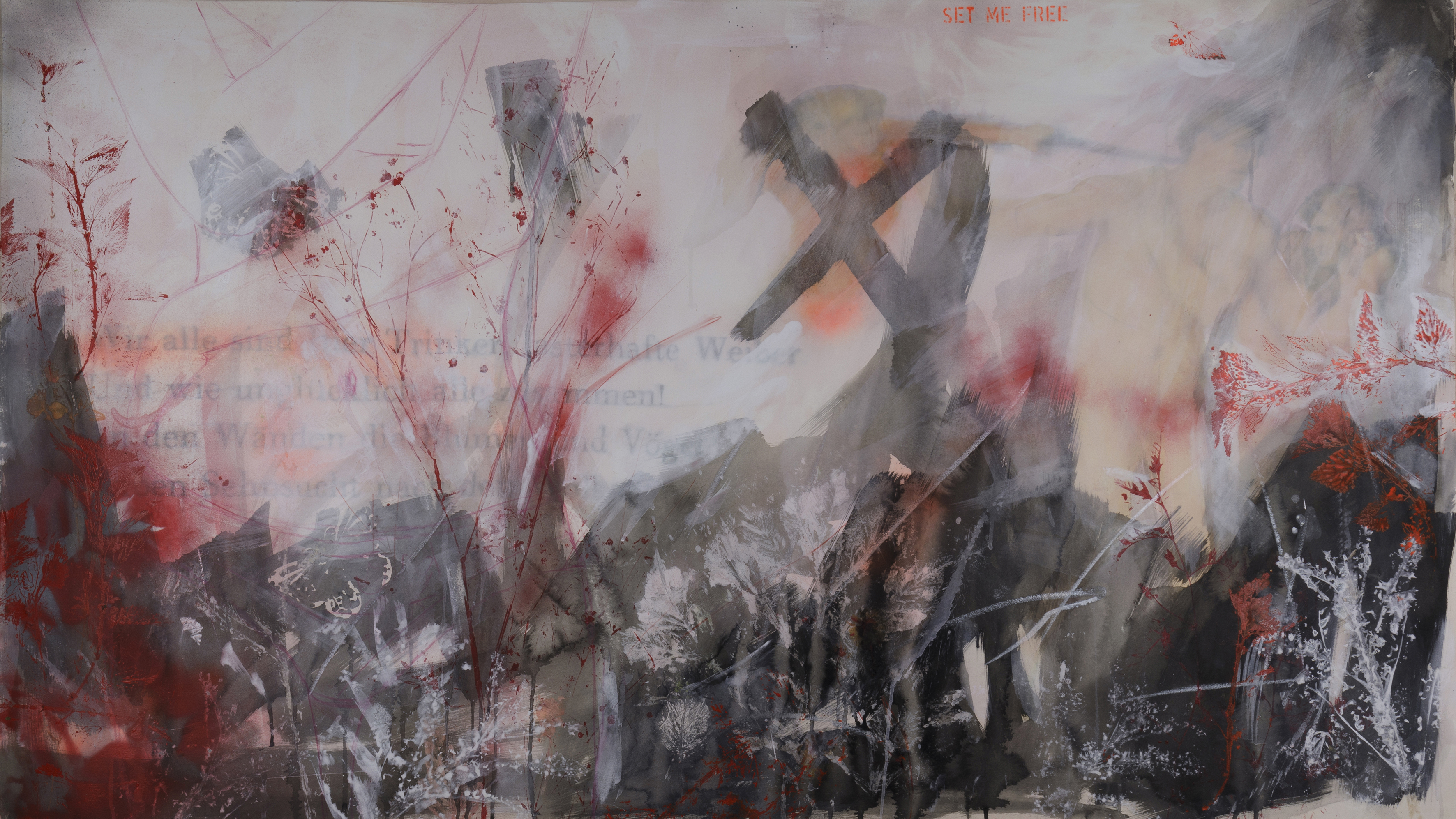 "Aus dem Paradies", 2021, 160 x 90 cm, Mischtechnik auf Papier auf Leinwand