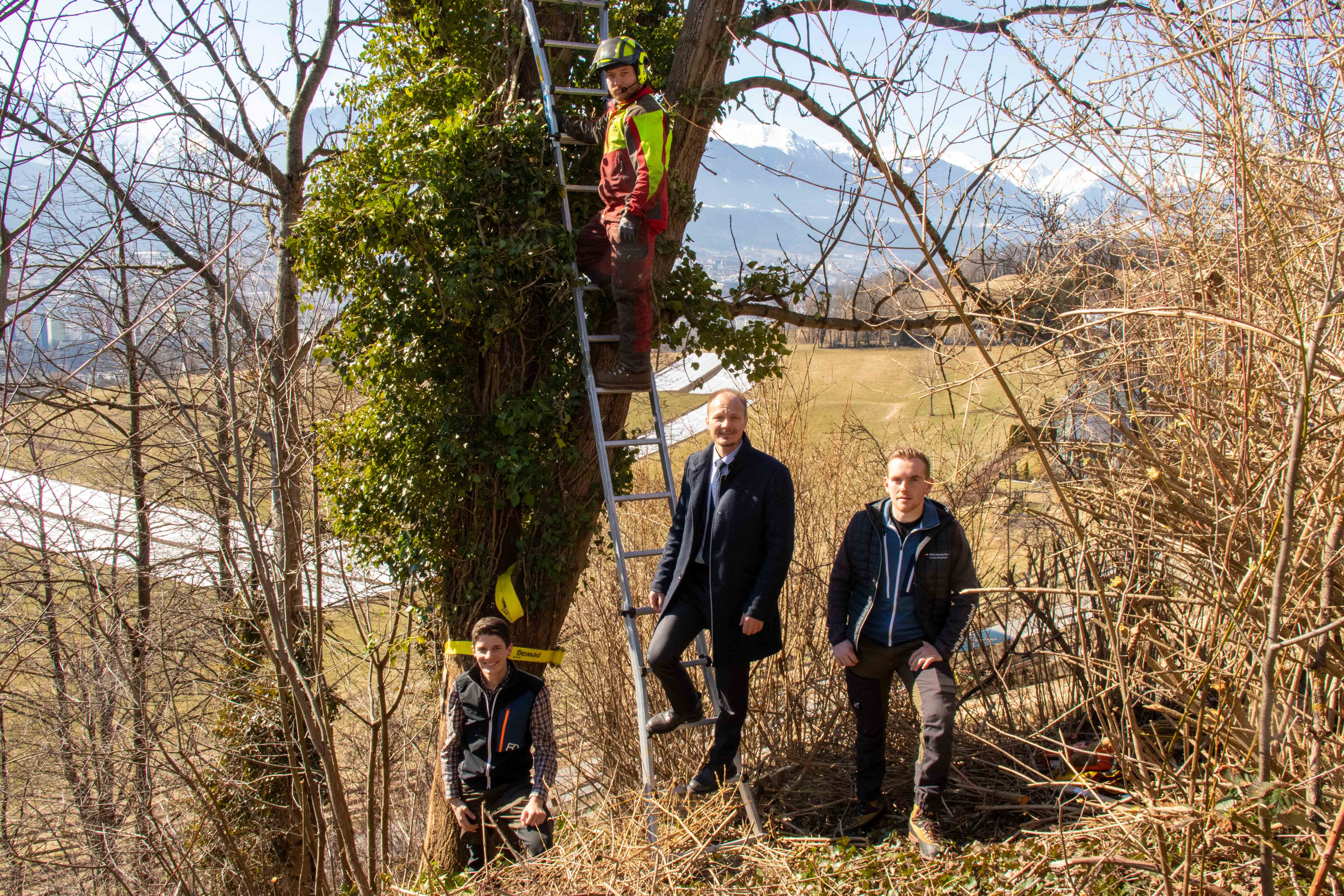 Vizebürgermeister Johannes Anzengruber (M.) machte sich gemeinsam mit Förster Florian Jäger (l., Amt für Wald und Natur) und Forstadjunkt Johannes Jennewein (r.) ein Bild von den Forstarbeiten der Mitarbeiter im Amt für Wald und Natur am Finkenbergweg.