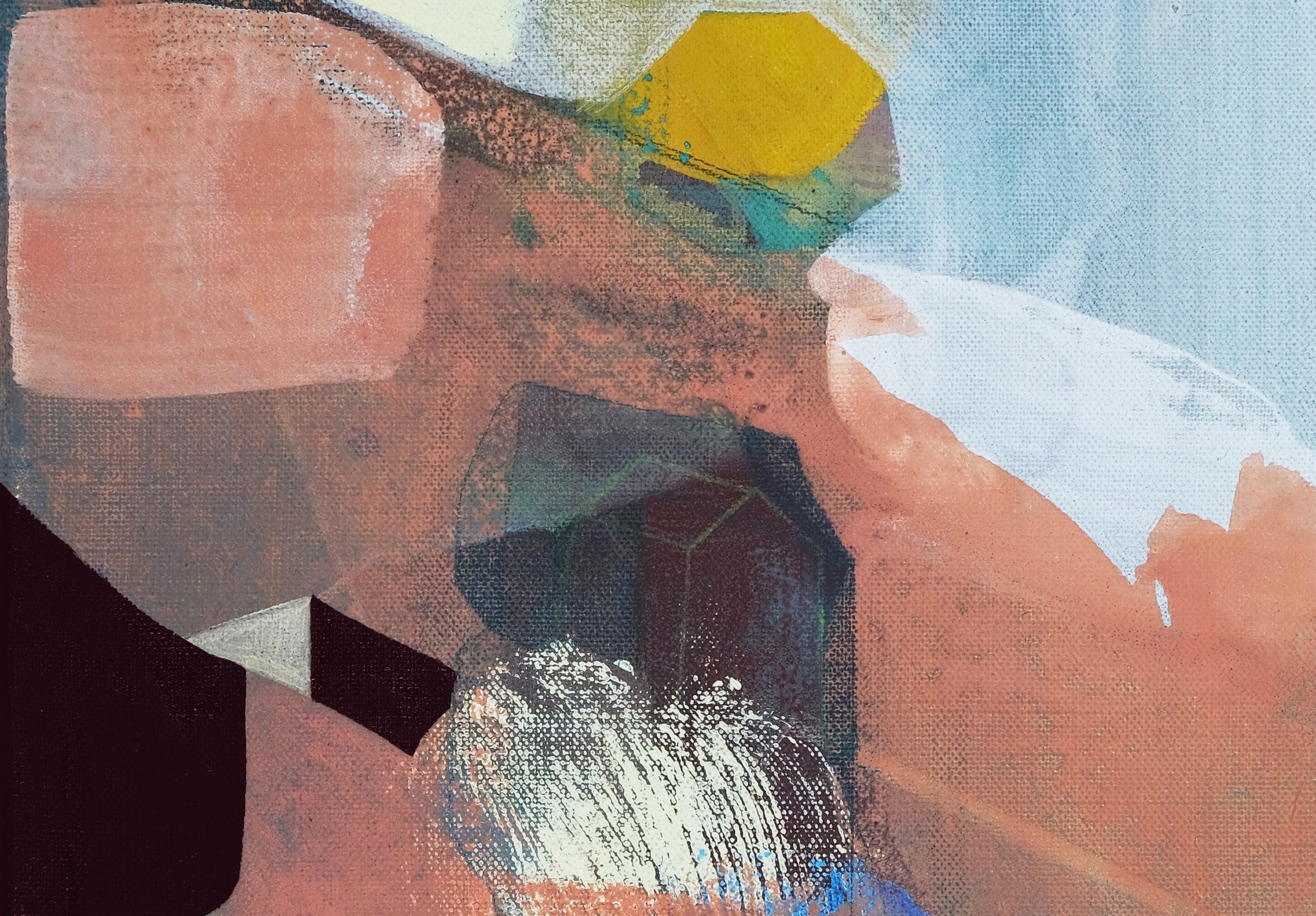 Ilona Rainer-Pranter schafft abstrakte, malerische Spuren als Punktwolken, Farbabdrücke und lasierende Flächen, wie hier in "Ausziehhaus" (2021, 40x30cm, Ausschnitt).