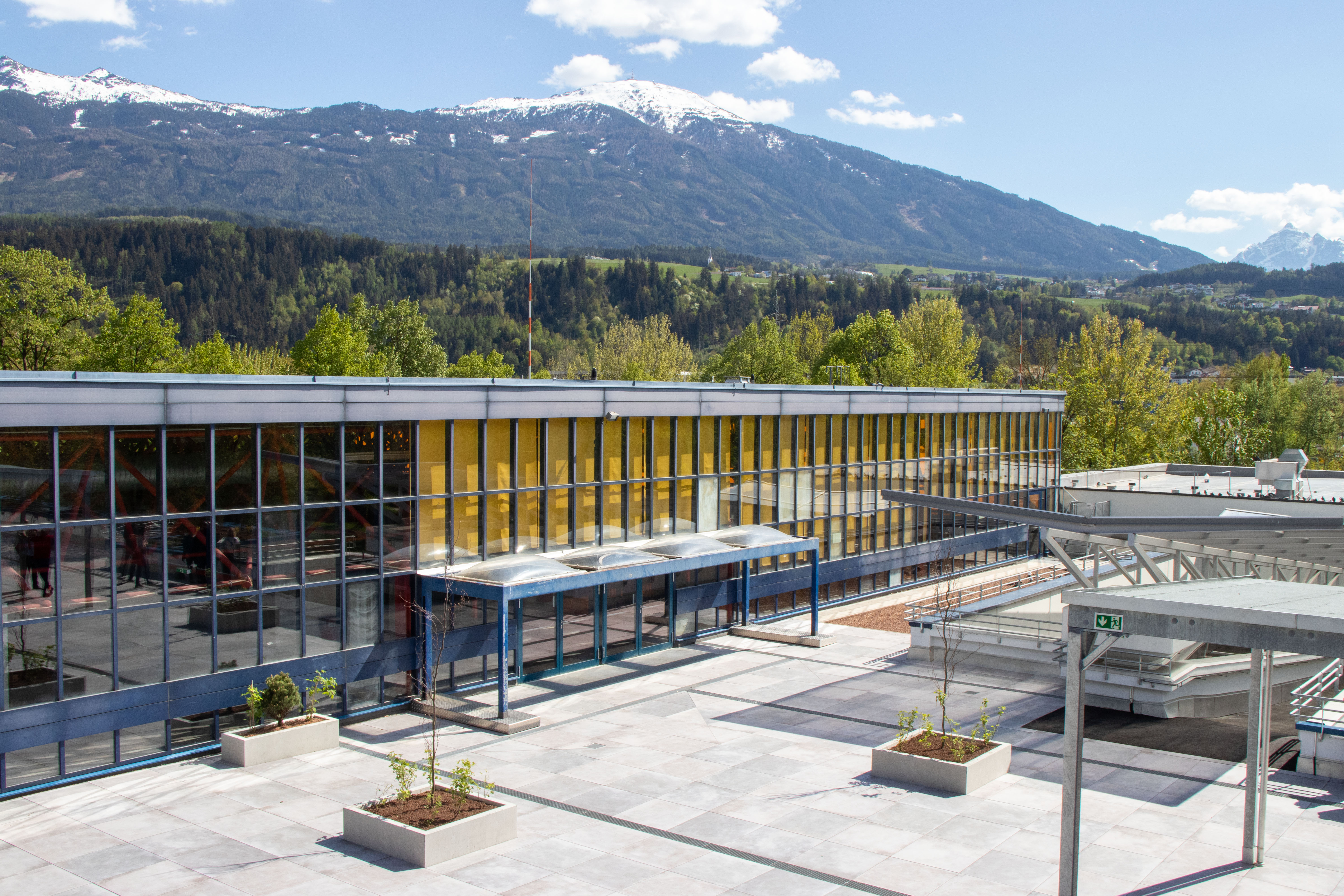 Die Terrasse bietet nun Raum für kollektive Lernflächen und überdachte Freiklassen, aber auch für Erholung. Gemeinsam mit dem Amt für Grünanlagen wurde die Außenfläche bepflanzt.