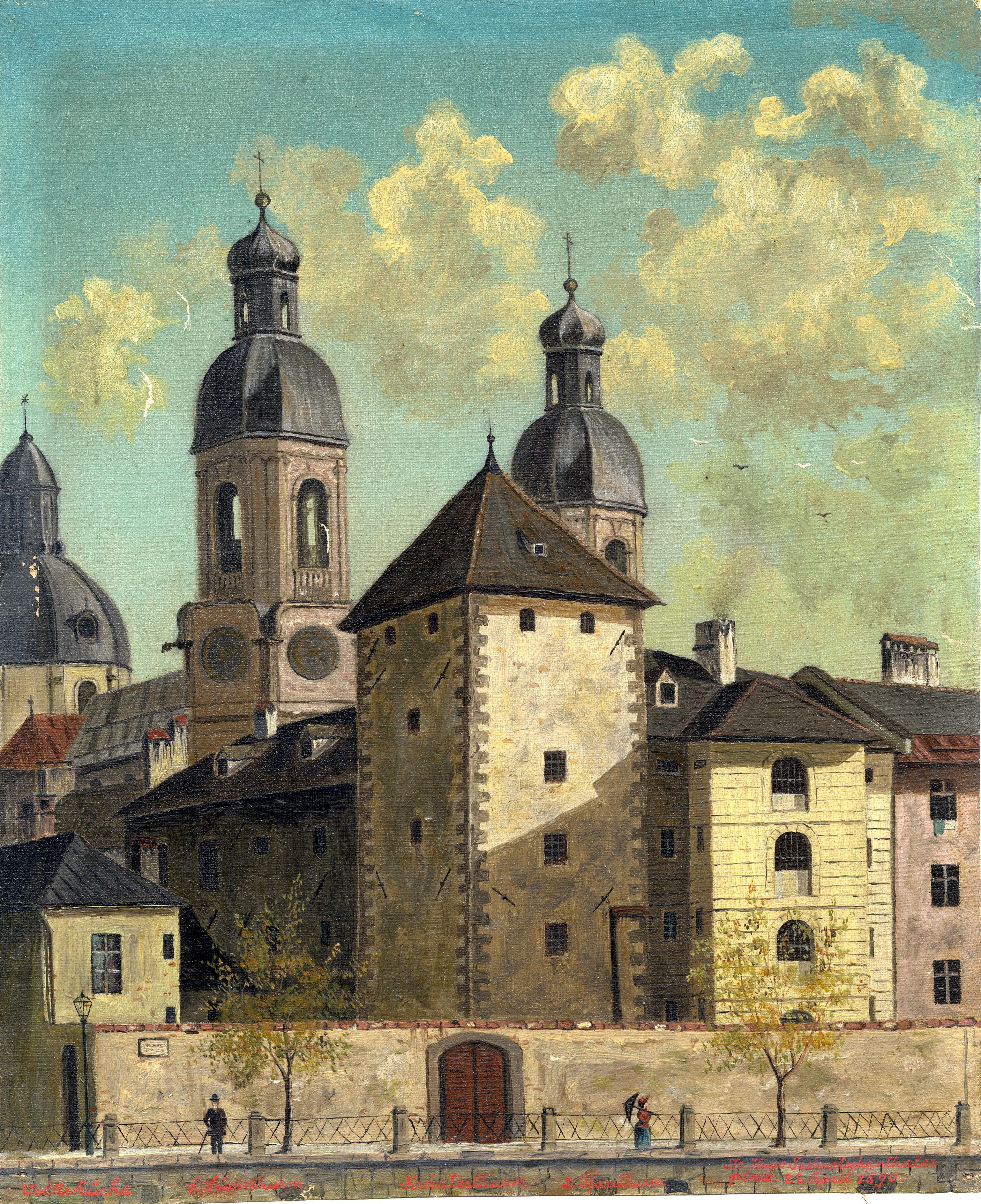 Ansicht des Kräuterturms kurz vor dessen Abbruch am 4. April 1890. Ölgemälde von Dr. Hugo Tschurtschenthaler (1861–1929).