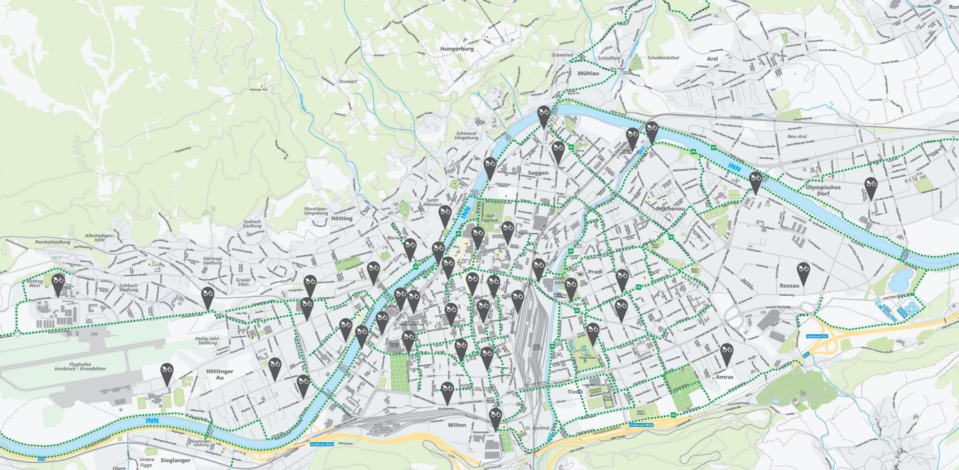 Über 340 Stadträder können an über 40 Standorten im Innsbrucker Stadtgebiet ausgeliehen und zurückgebracht werden