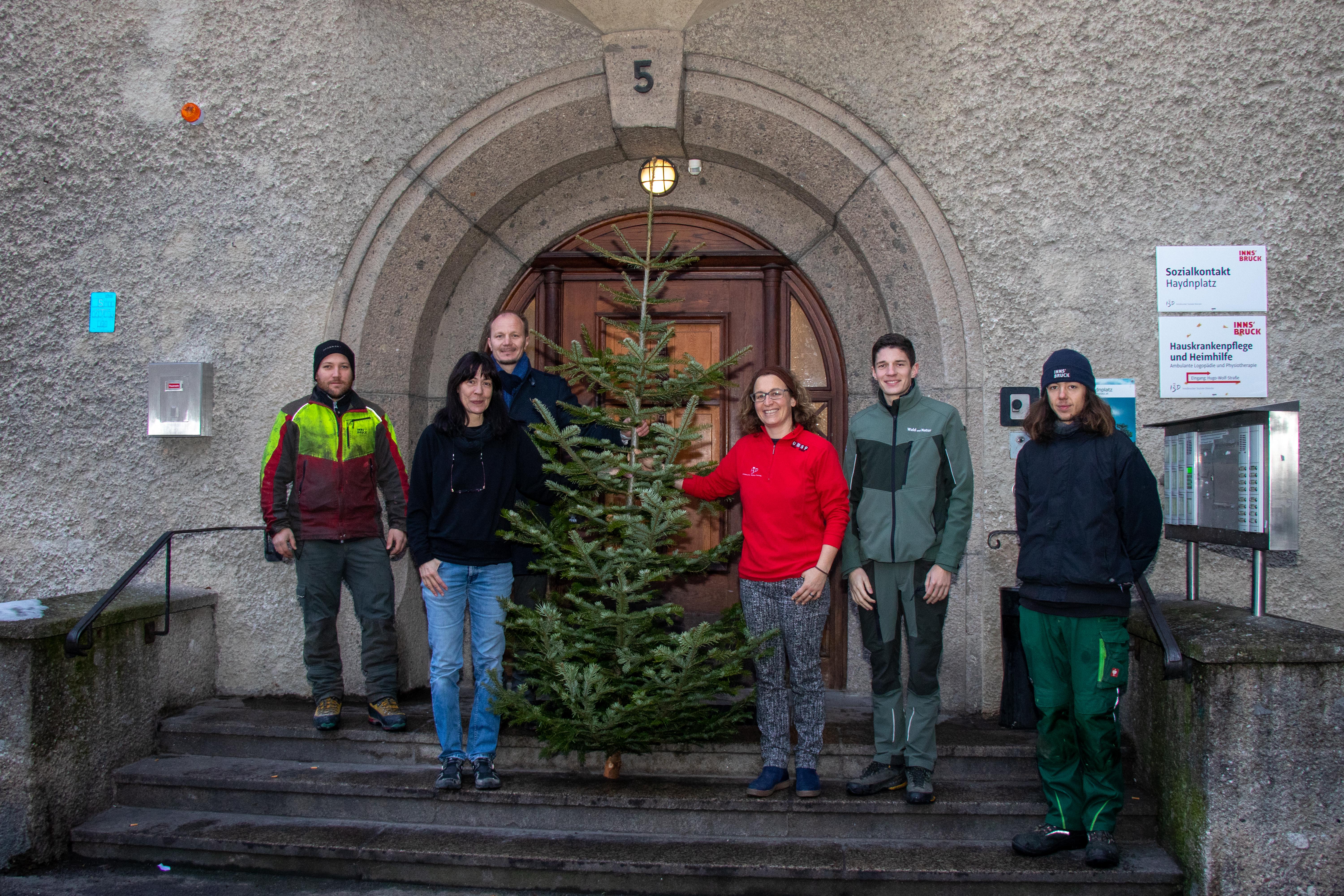 Vizebürgermeister Johannes Anzengruber (3. v. l.) und Florian Jäger (2. v. r.), Referatsleiter für Wald und Almen, sowie die beiden Mitarbeiter Andreas Leismüller (l.) und  Robin Mantlez (r.) (beide Amt für Wald und Natur) überbrachten dem Sozialkontakt am Haydnplatz der Innsbrucker Soziale Dienste und der derzeitigen Flüchtlingsunterkunft im Haus Marillac der Barmherzigen Schwestern jeweils einen großen Christbaum für das anstehende Weihnachtsfest.