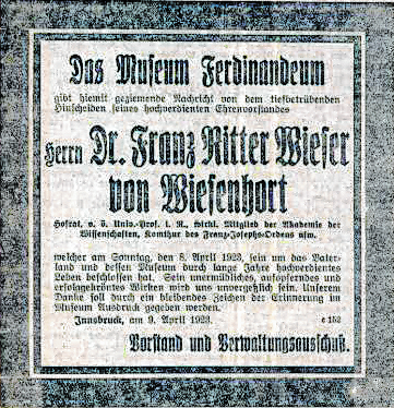 Parte von Franz Wieser in den Innsbrucker Nachrichten vom 9. April 1923.