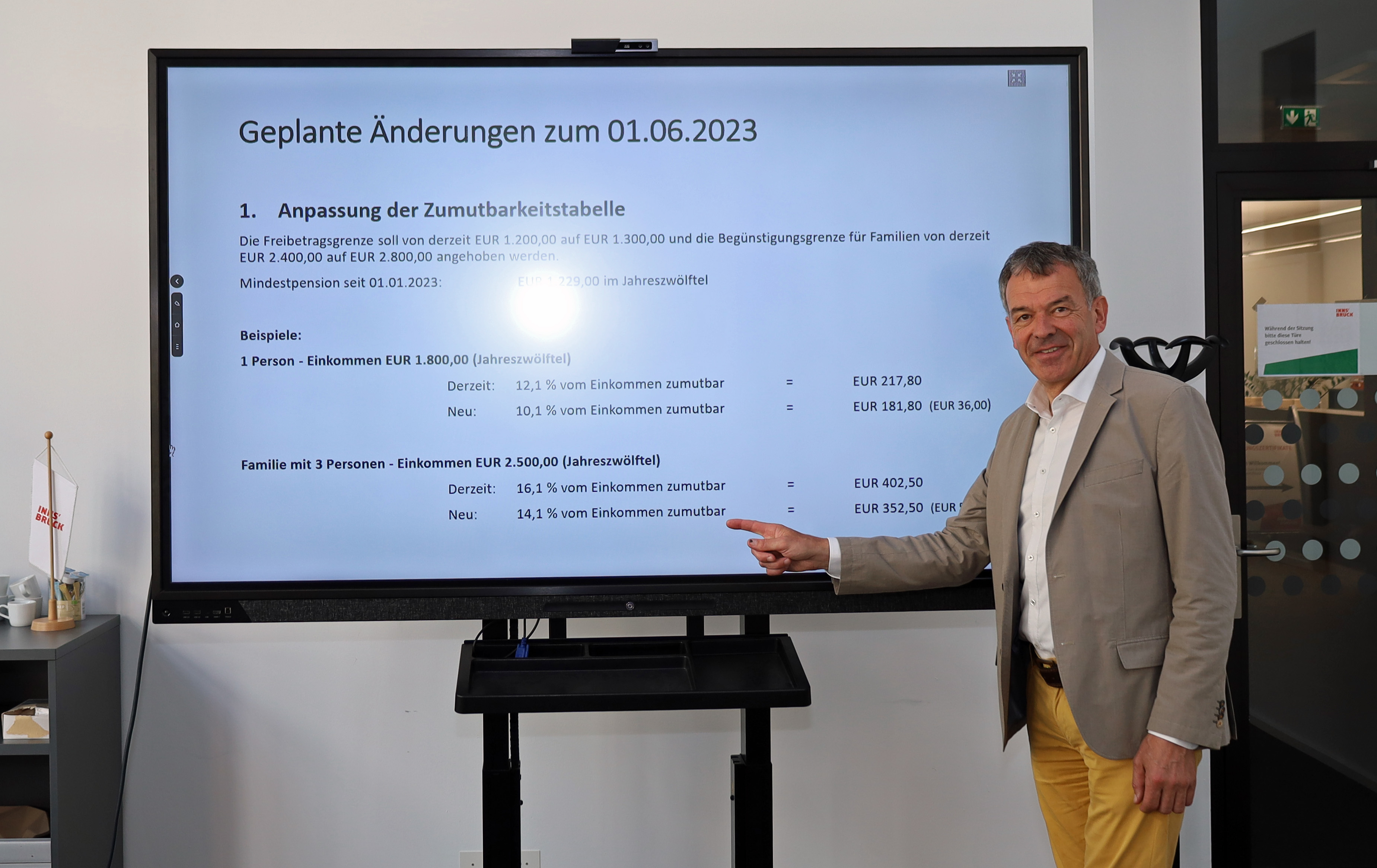 Innsbrucks Bürgermeister Georg Willi stellt die Neuregelung der Mietzins- und Annuitätenbeihilfe vor.