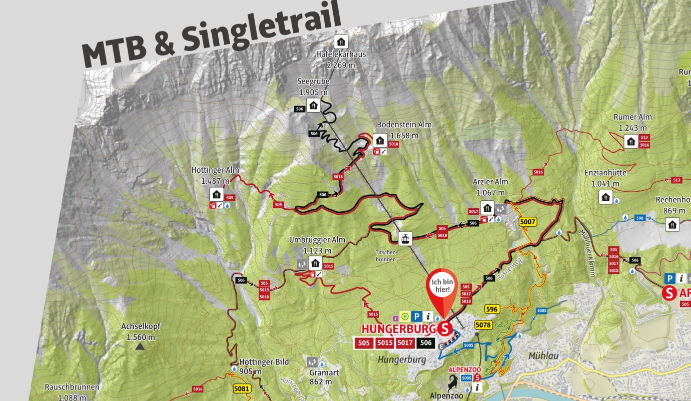 Mit den neuen grafisch aufbereiteten Übersichtstafeln auf der Hungerburg nahe der Theresienkirche werden die unterschiedlichen NutzerInnen noch besser über das sportliche Angebot in den Bereichen Wandern, Mountainbike und Laufen informiert.