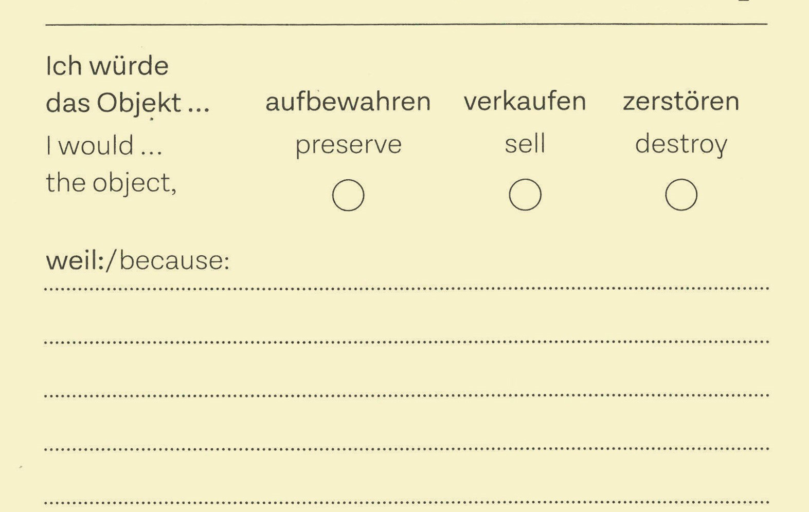 Mit Entscheidungskarten wird abgefragt, ob man das ausgestellte Objekt aufbewahren, verkaufen oder zerstören würde.
