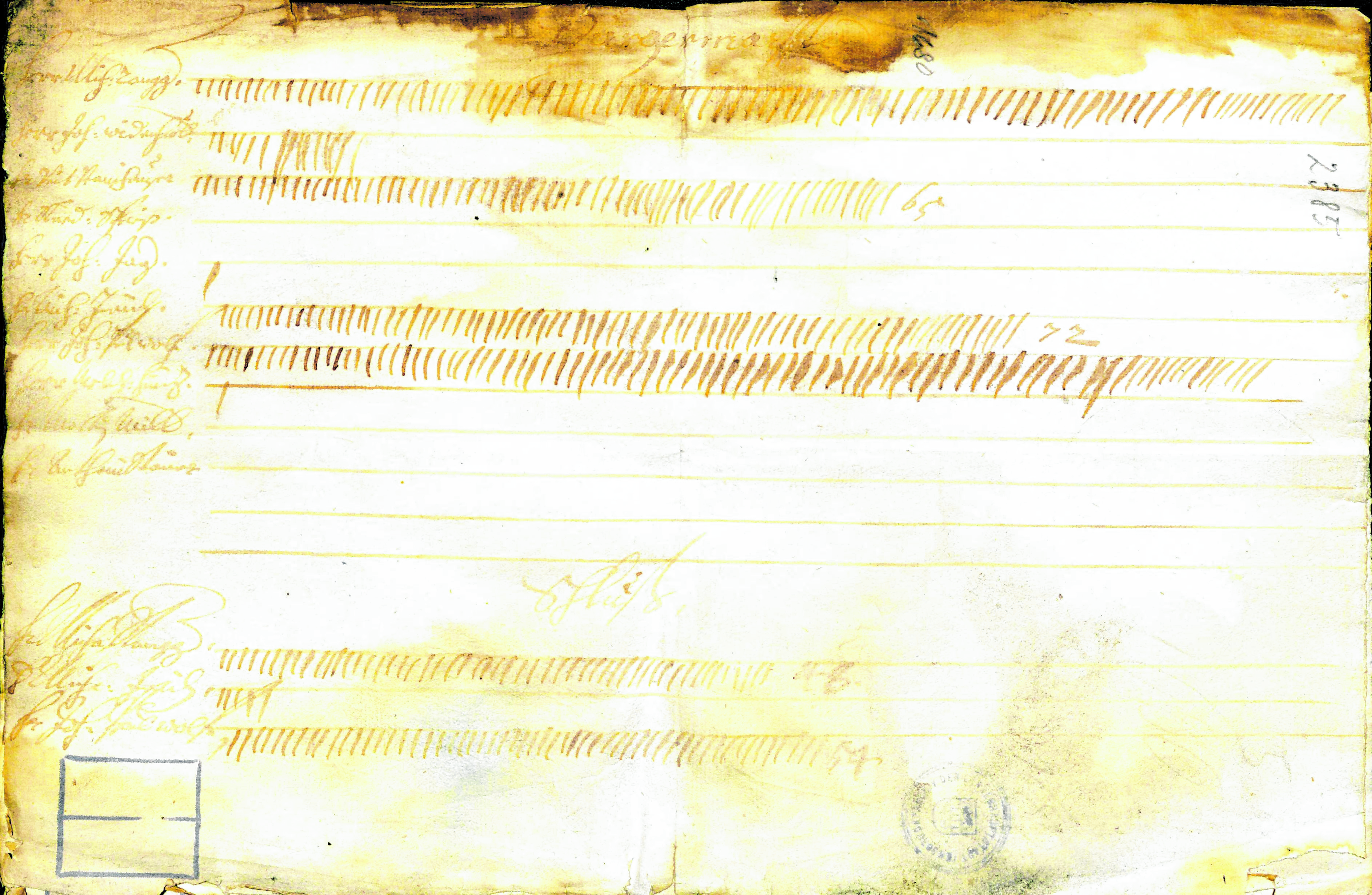 Strichliste zur Wahl des Bürgermeisters im Jahr 1680, bei der Johann Paul Wolff mit 54 Stimmen in der Stichwahl gewählt wurde.