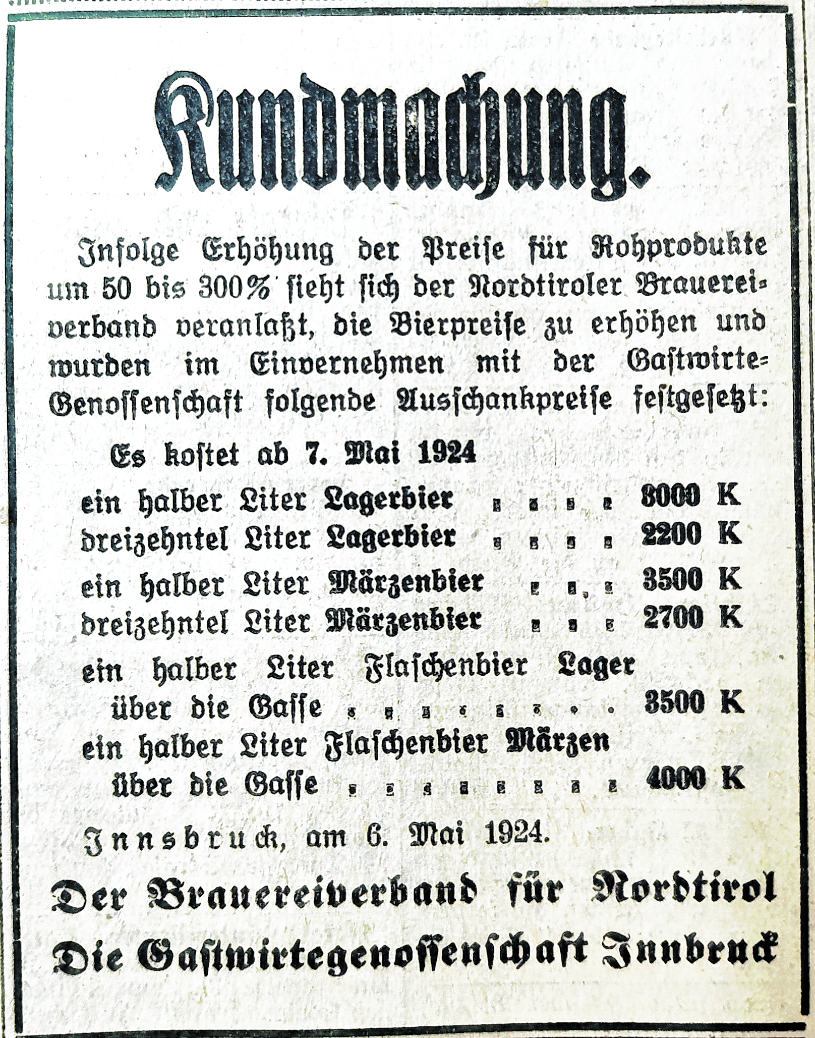 Inserat in den Innsbrucker Nachrichten vom 6. Mai 1924