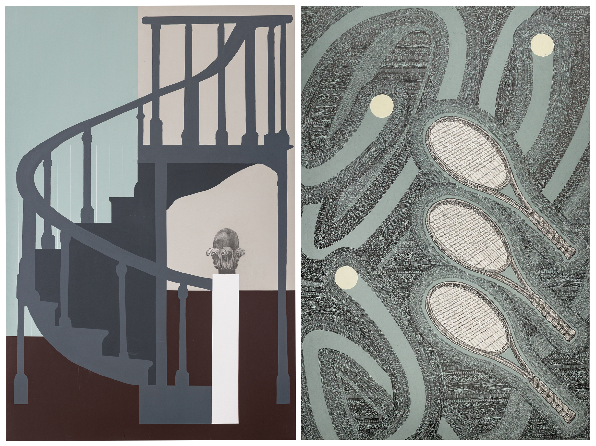 Patrick Roman Scherer nimmt die BetrachterInnen mit auf die Reise in sein Universum der Dinge: "Ohne Titel" (2024, 150 x 100 cm, Acryl, Bleistift, Buntstift auf Karton).