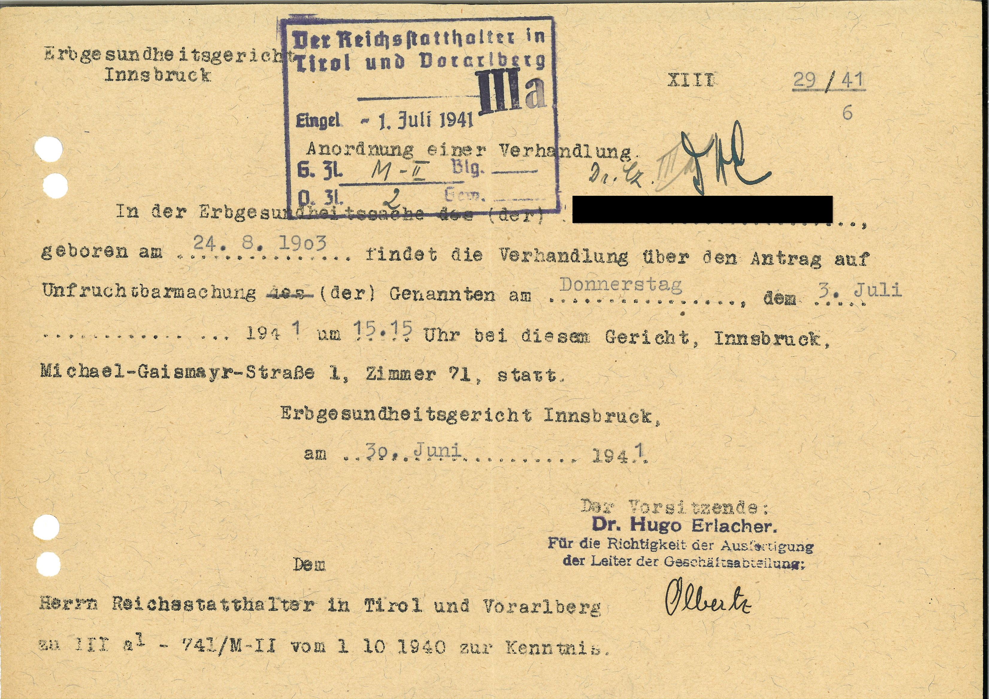 Ladung zu einer Erbgesundheits-Gerichtsverhandlung in Innsbruck (1941).