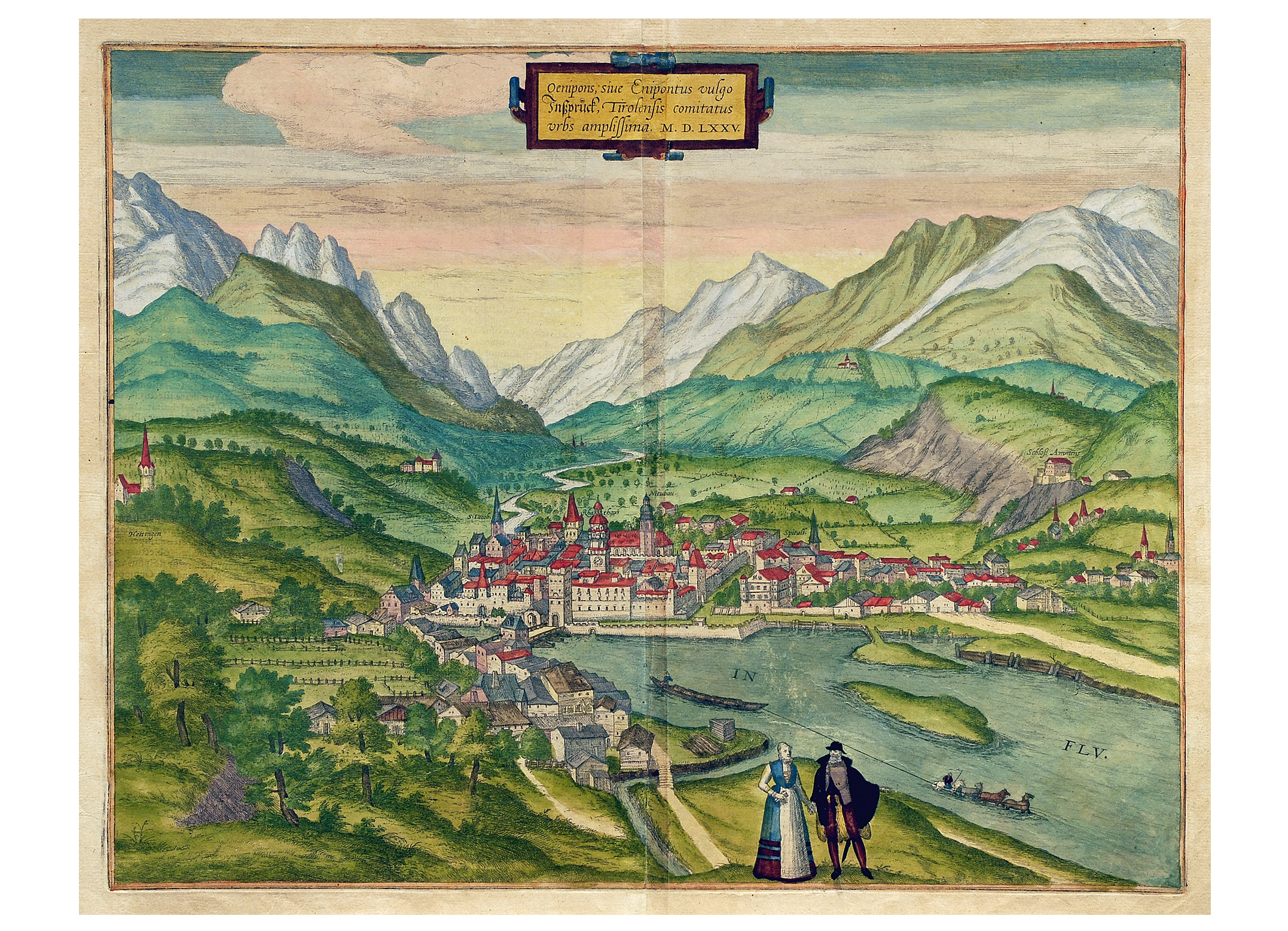 Ansicht von Innsbruck. Zu sehen sind die Innsbrucker Altstadt und Sankt Nikolaus. Dieser kolorierte Kupferstich stammt von Georg Hoefnagl aus dem Jahr 1575.