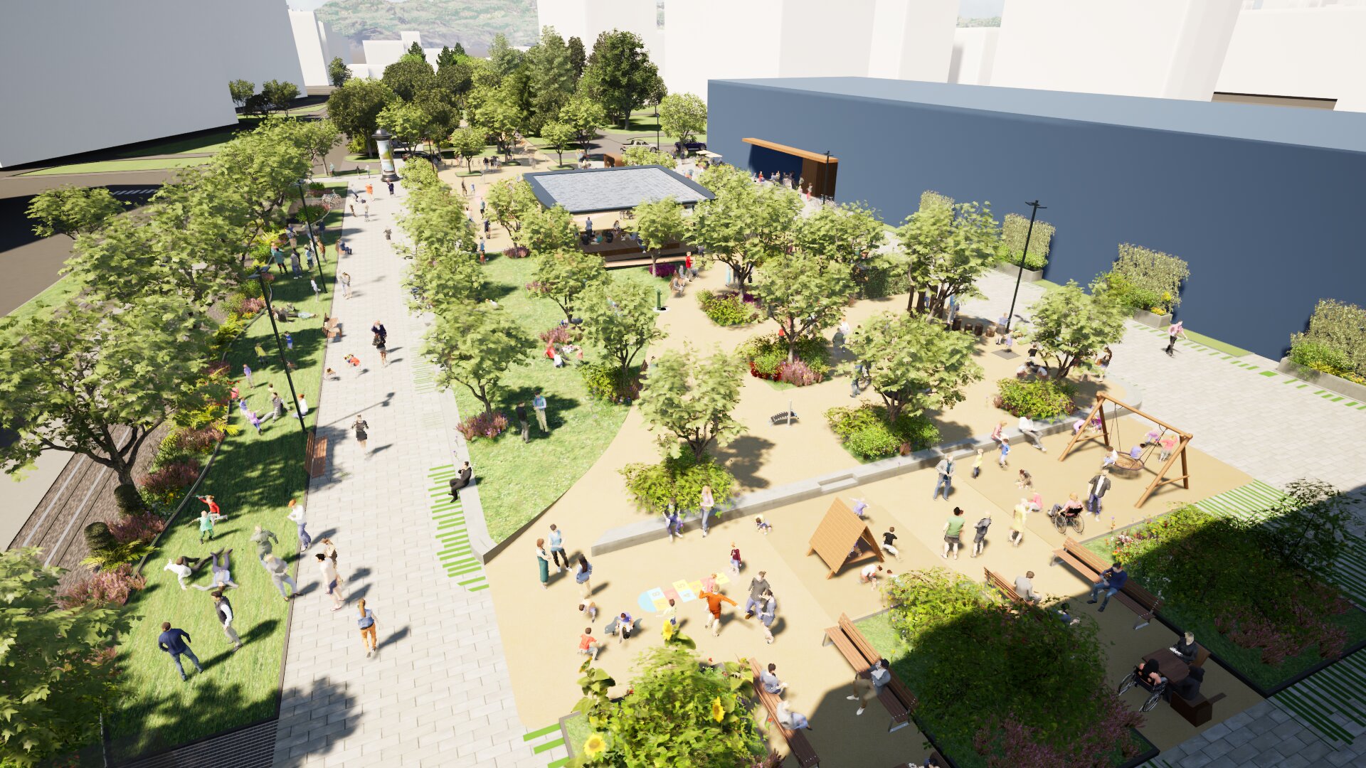 Die Arbeiten am "Grünen Wohnzimmer" im Herzen des Platzes starteten im Herbst. (Visualisierung)