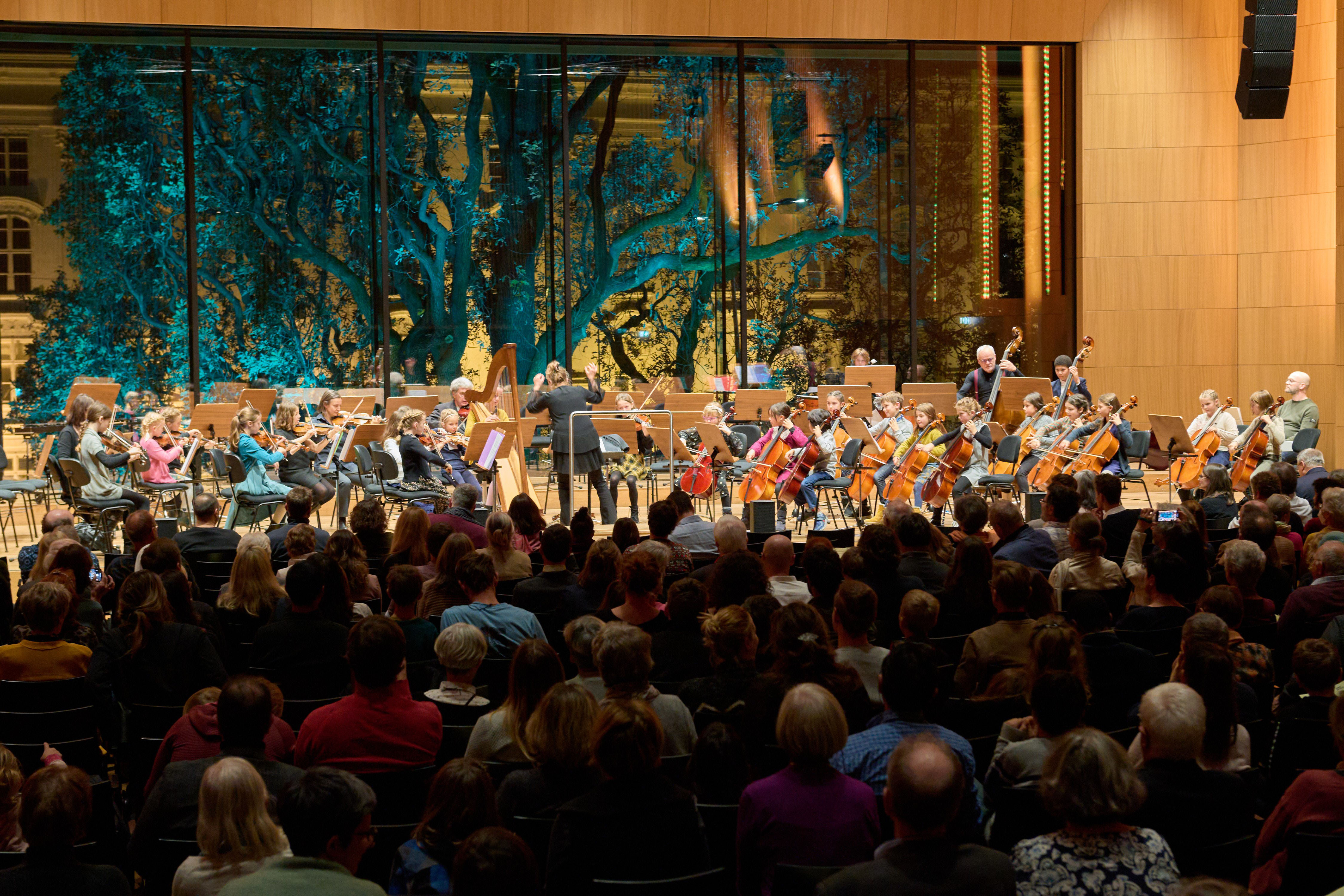 Die MusikschülerInnen laden die ZuhörerInnen ein, sich auf die stille Zeit des Jahres einzustimmen: Hier das kleine Streichorchester „Lucky Strings“ beim großen Weihnachtskonzert im Haus der Musik am 19. Dezember.