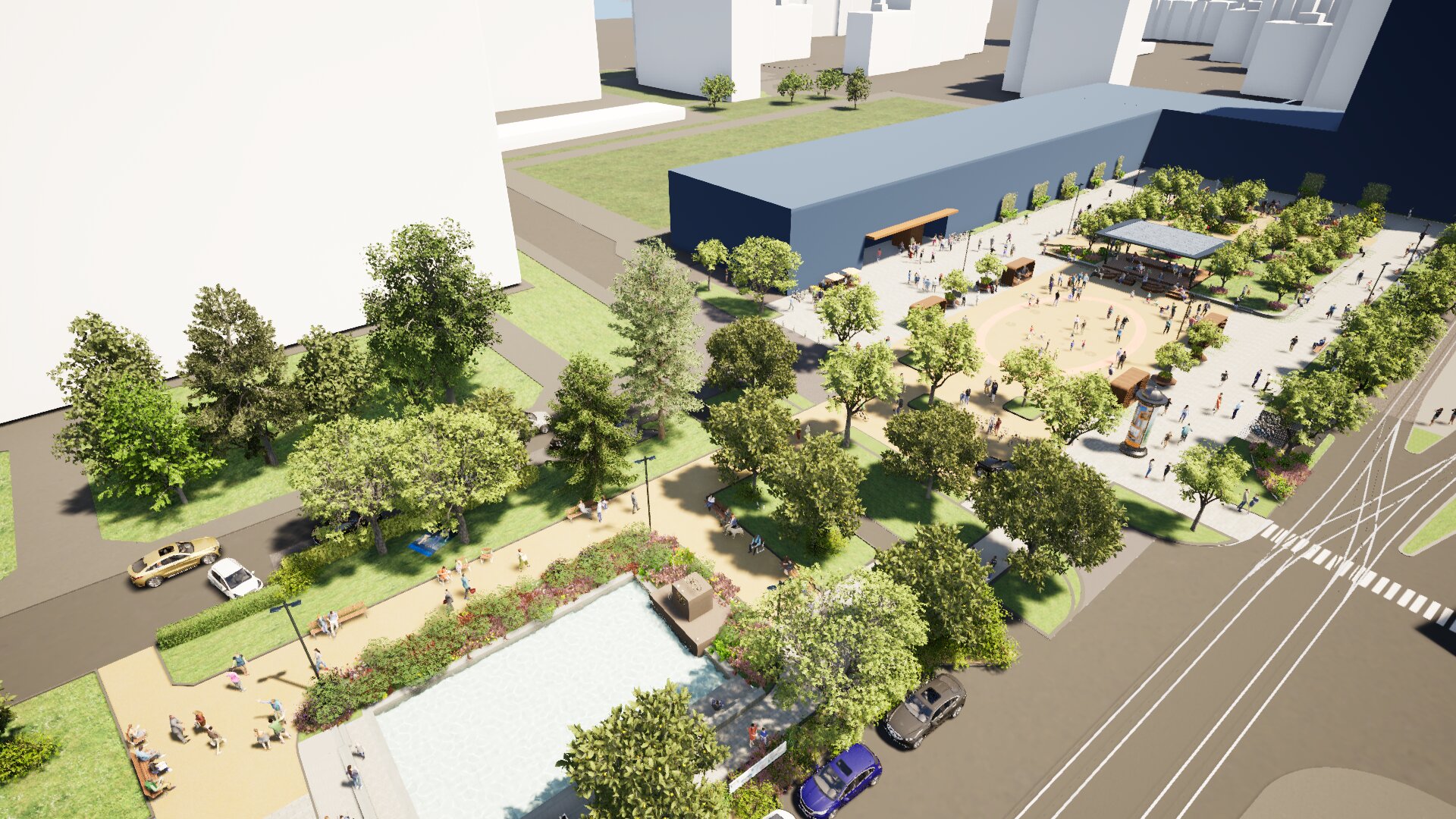 Der Olympiapark (im Vordergrund) und der Alois-Lugger-Platz werden ab
Sommer zum klimafitten Zentrum des Olympischen Dorfs.