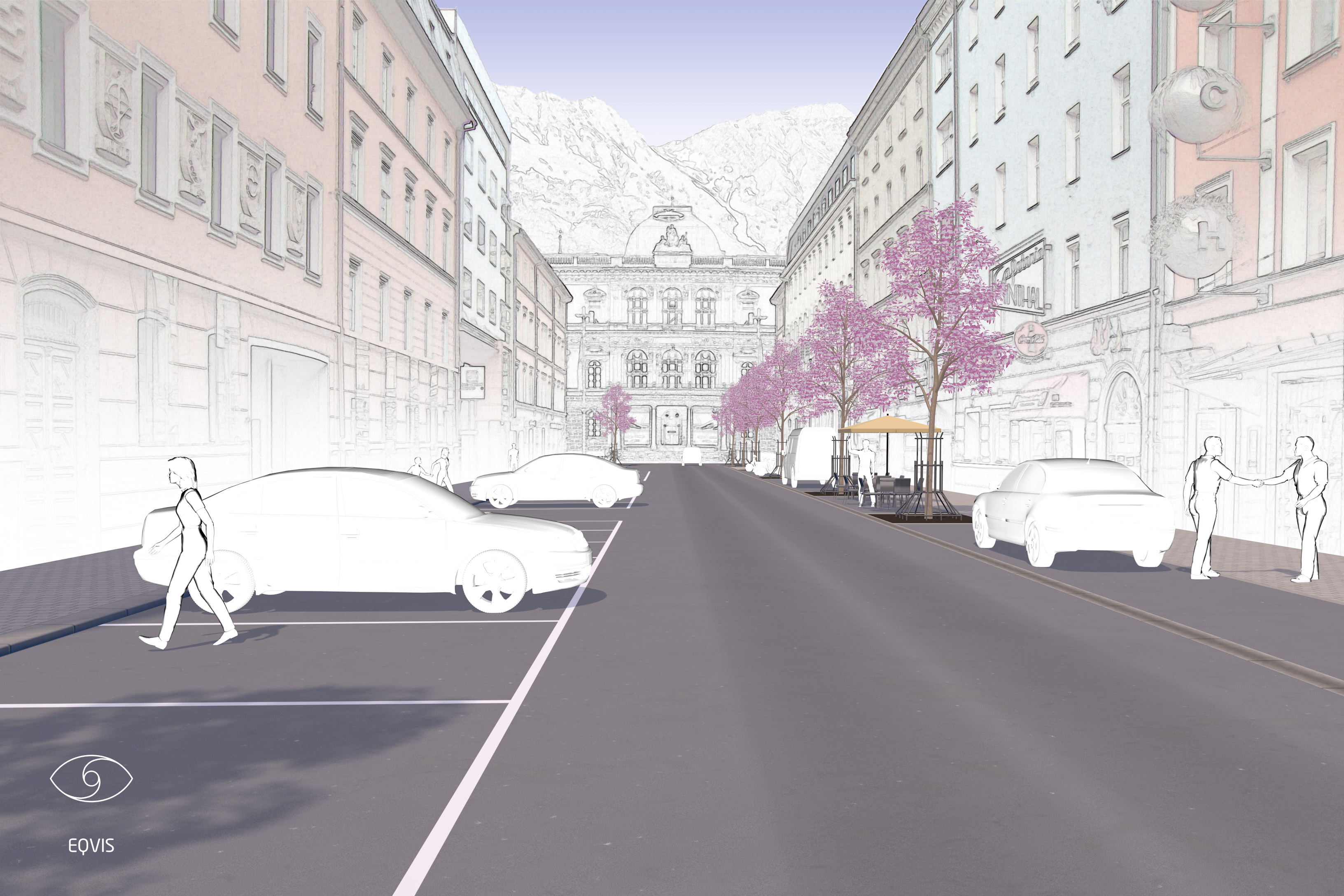 Eine Visualisierung der Wilhelm-Greil-Straße mit Blick Richtung Norden.