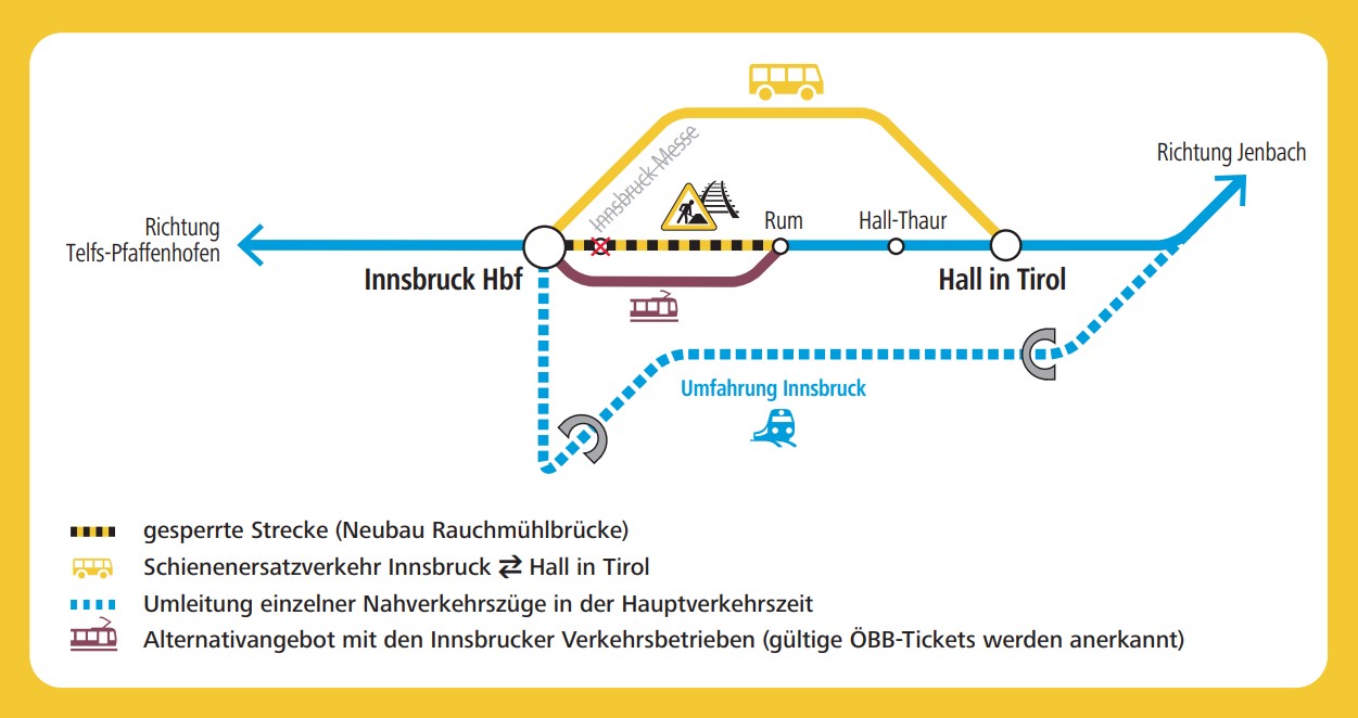 Die Rauchmühlbrücke über die Haller Straße wird nach 60 Jahren saniert. Deshalb muss die Bahnstrecke von 7. bis 29. Jänner gesperrt werden.