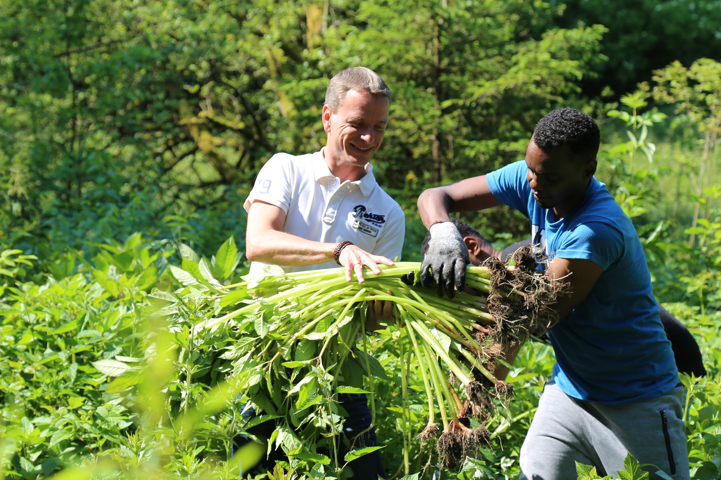 Vizebürgermeister Christoph Kaufmann mit einem der helfenden Asylwerber beim Aktionstag zur Neophytenbekämpfung in den Wäldern von Amras.