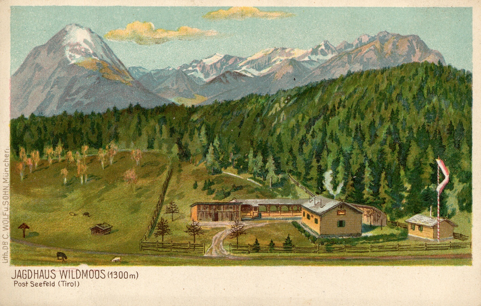 Der Schloss- und Brauereibesitzer von Büchsenhausen Robert Nißl stellte 1910 seinen Jagdbesitz Wildmoos der Ferienkolonie Innsbruck unentgeltlich zur Verfügung, um dort ein Erholungsheim für Kinder zu errichten. Postkarte um 1909