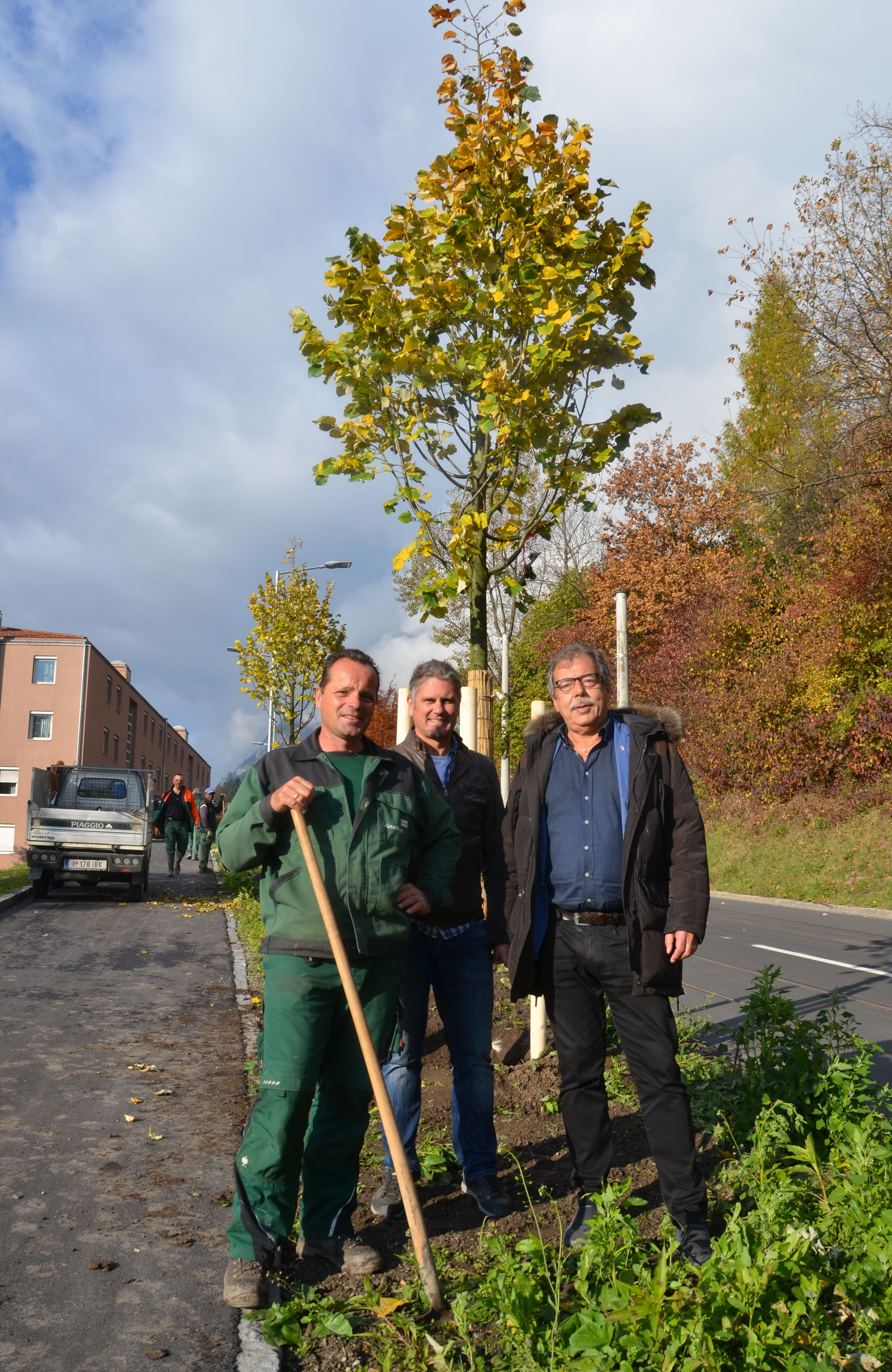 Stadtrat Gerhard Fritz (r.) sah sich mit Martin Kofler (l.), Stefan Engele (beide Gartenamt) den neu bepflanzten Grünstreifen an.