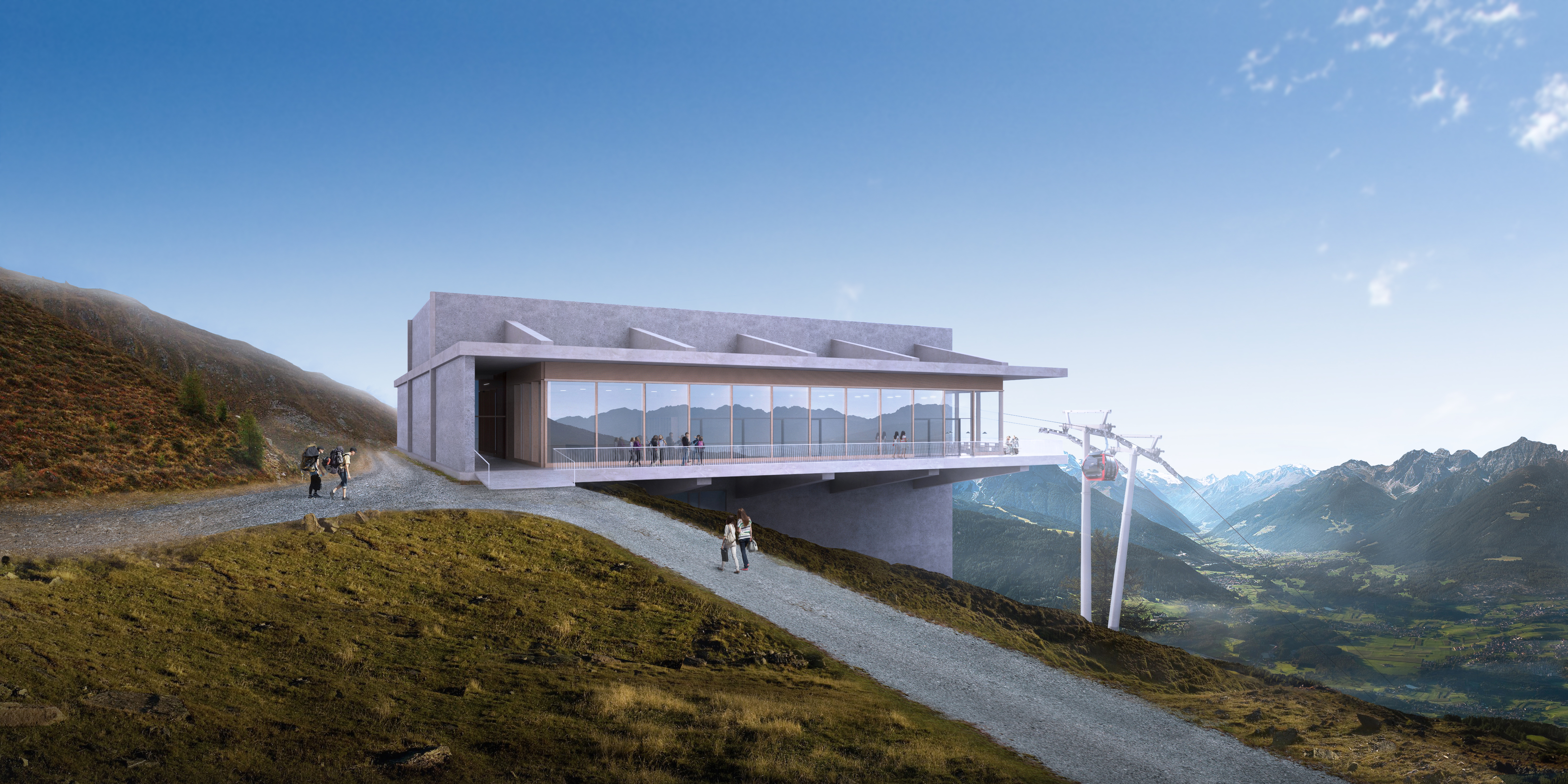 Die Visualisierung zeigt den Blick vom Schutzhaus auf das Gebäude der neuen Bahn.