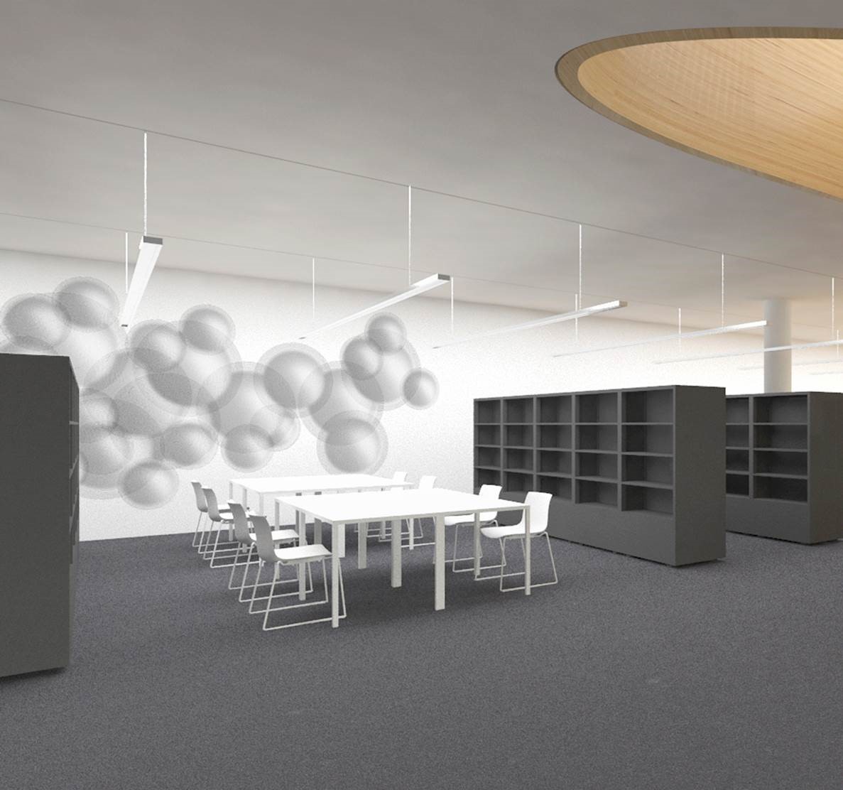 Kunst am Bau in der Innsbrucker Stadtbibliothek. Thomas Feuerstein kreiert Texblasen.