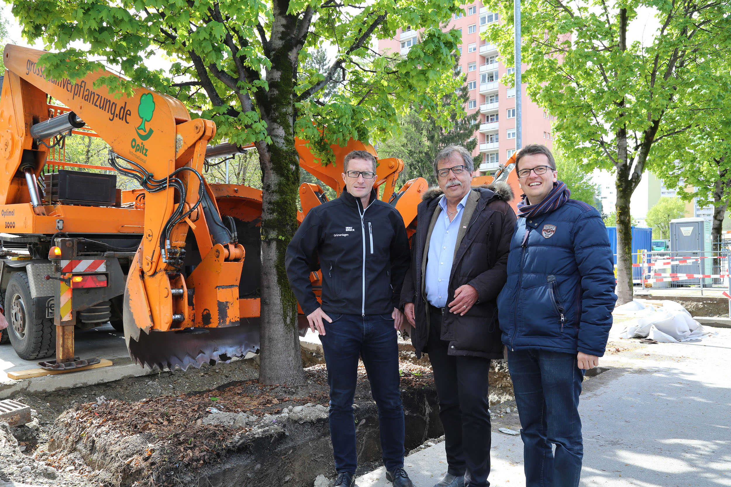 Überwachten die Verpflanzung der Ahorne in der Reichenauer Straße mittels Spezialgerät (v.l.): Amtsvorstand Thomas Klingler (Amt für Grünanlagen), Stadtrat Gerhard Fritz und Projektleiter Markus Pinter (Grünanlagen - Planung und Bau)
